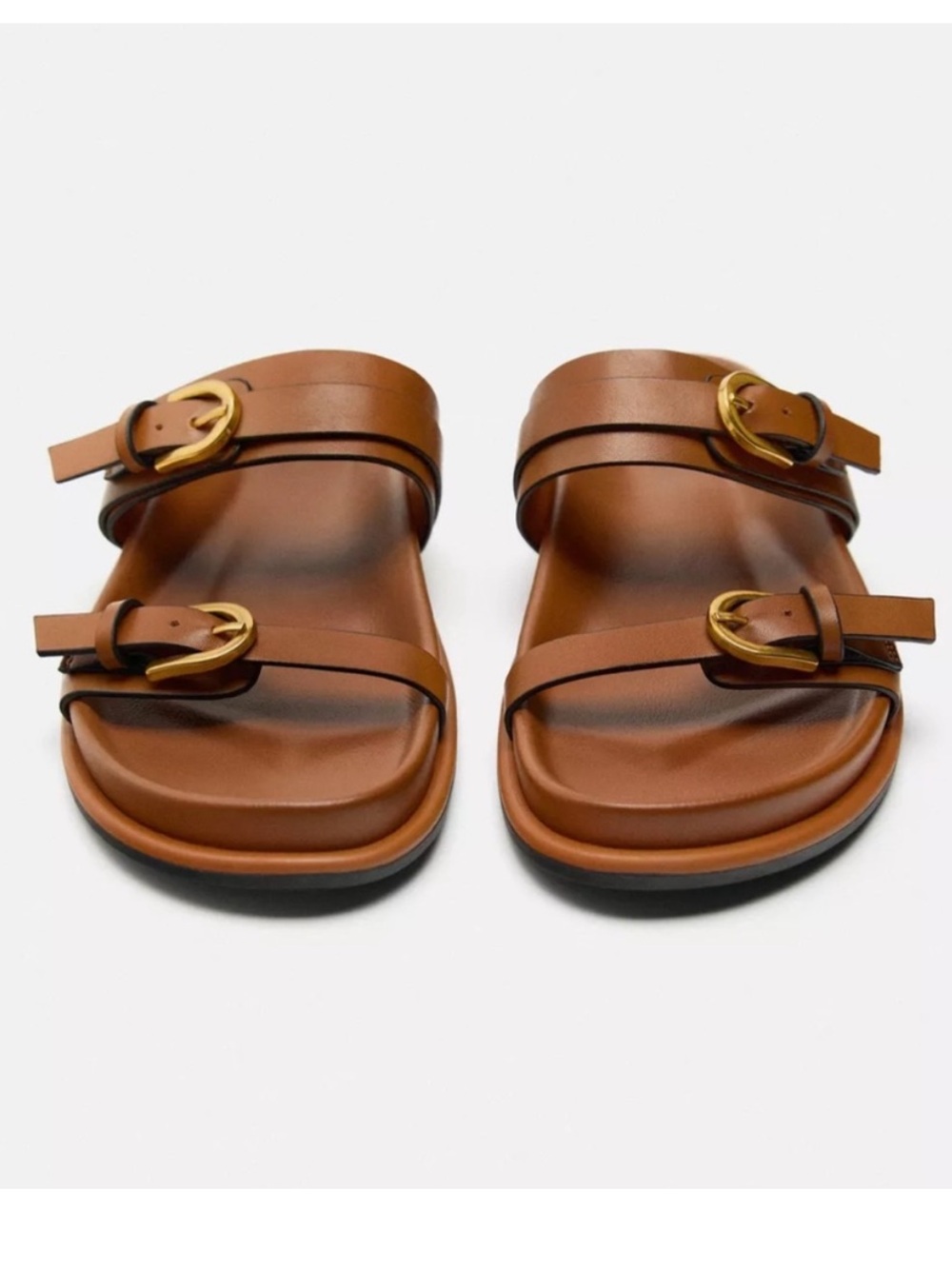 Zara Brown Leather Double-Strap Slide Sandals with Gold Buckles - Picture 5 of 6